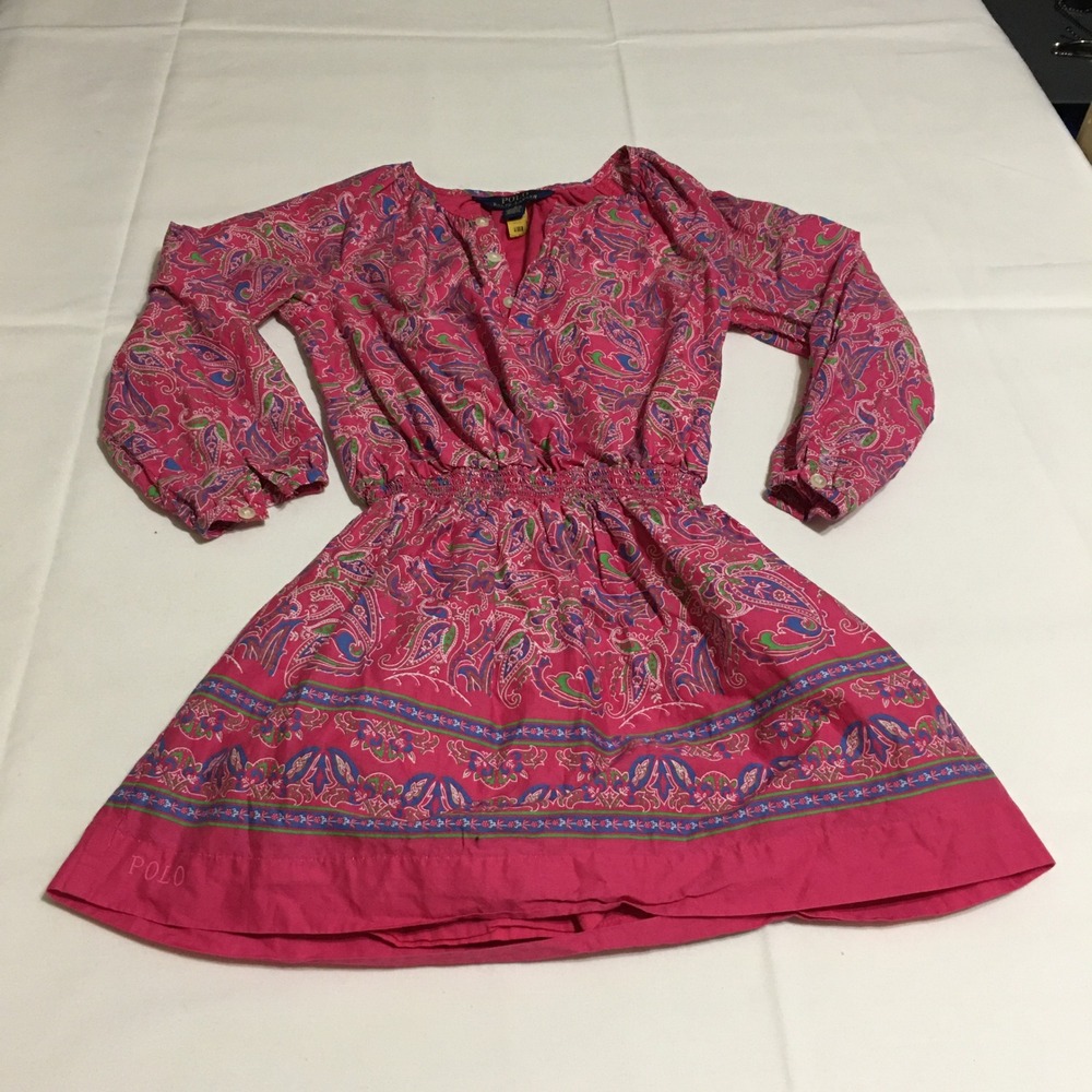 Polo Ralph Lauren Dress Girls 5 Pink Paisley Long Sleeve Smocked Waist